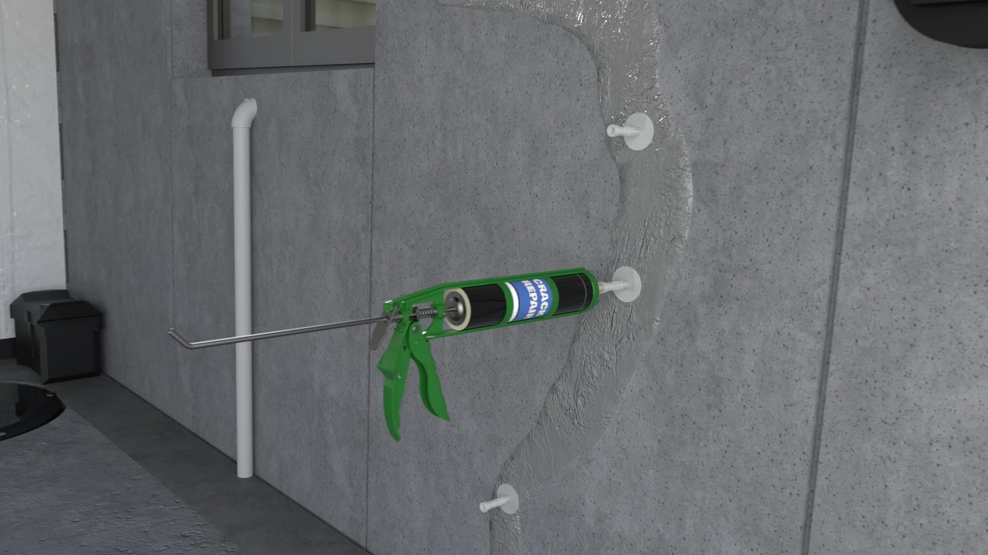 Injection ports and a crack repair gun sealing a foundation wall crack