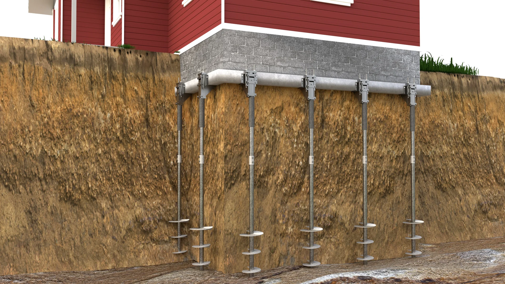 Helical piers screwed into the soil beneath a block foundation