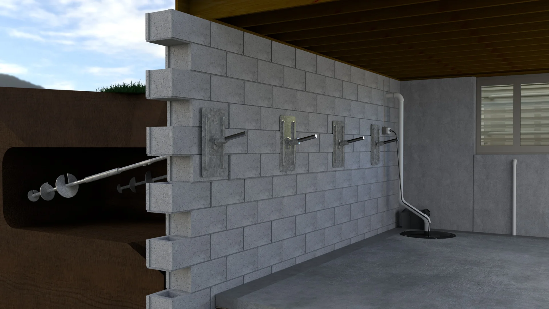 Helical wall anchors through a bowing block wall to plates in the yard