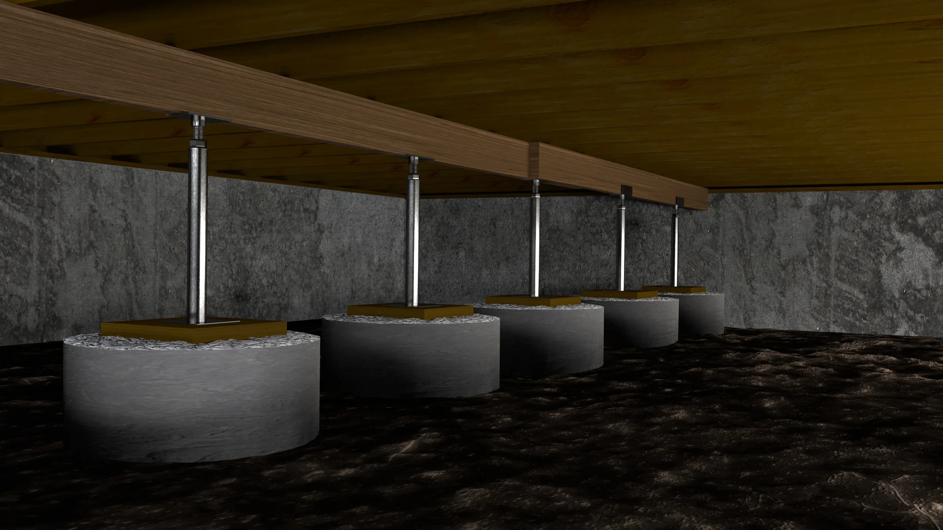 Adjustable steel support jacks under a crawl space beam