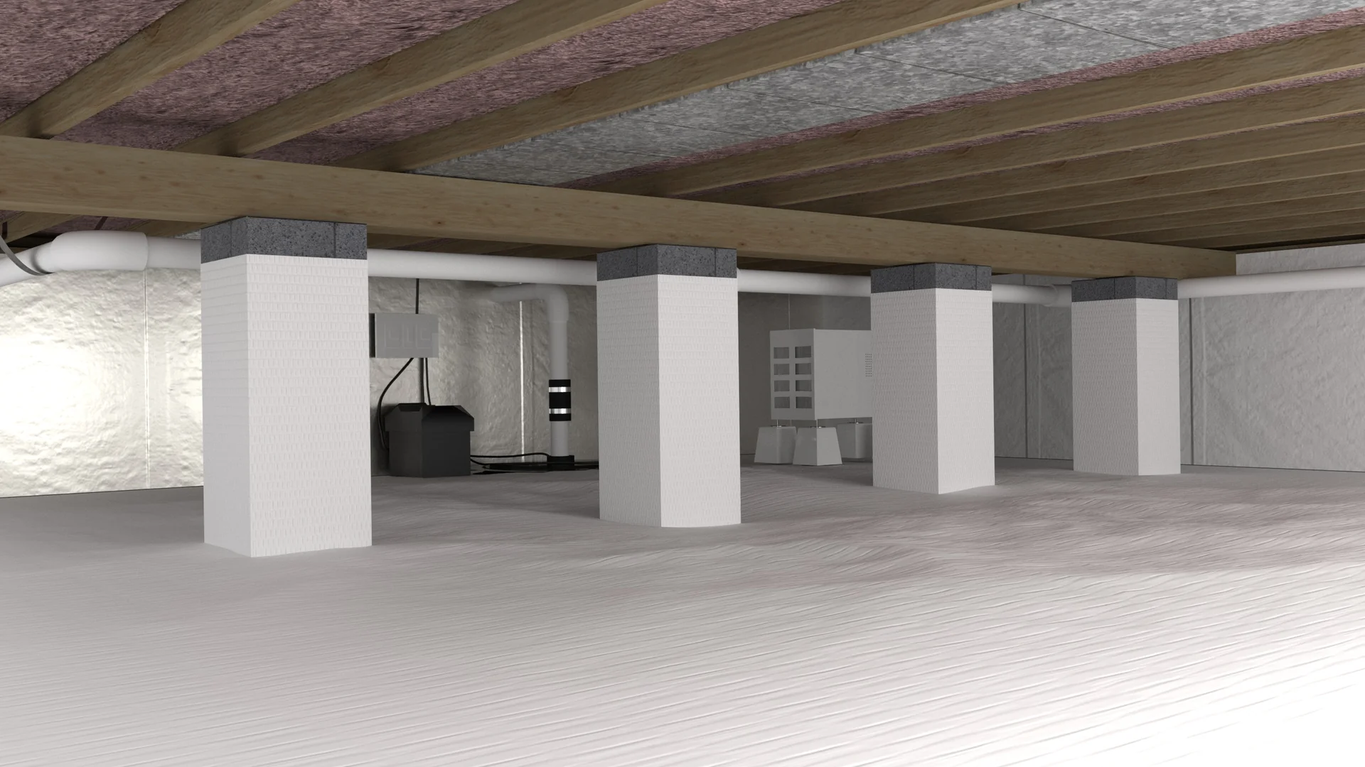 Encapsulated crawl space with white liner, wrapped piers and dehumidifier