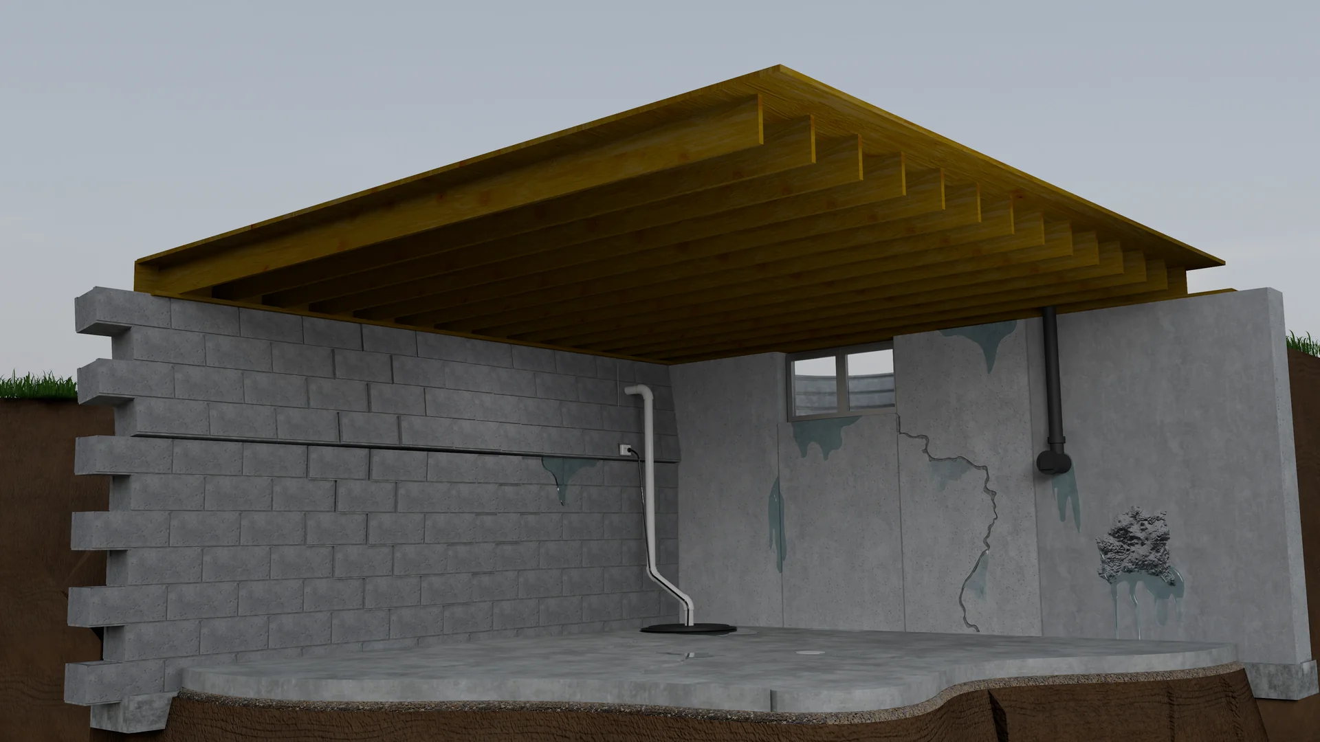 Cutaway of a block basement with seepage, efflorescence and a cracked poured wall