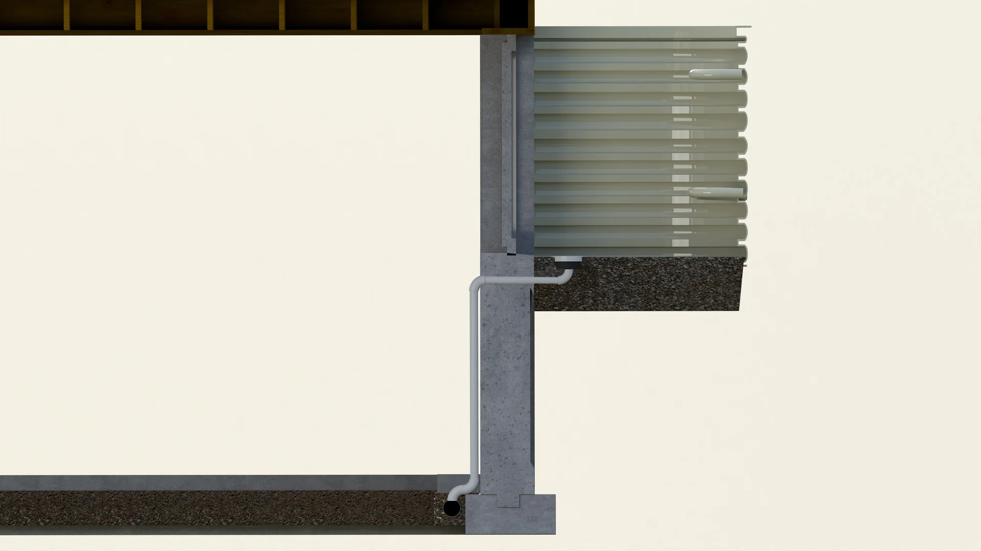 Section view of a window well and buried downspout line draining away from the foundation