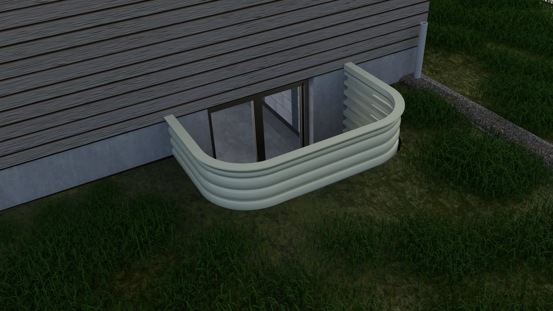 A basement egress window well seen from the lawn