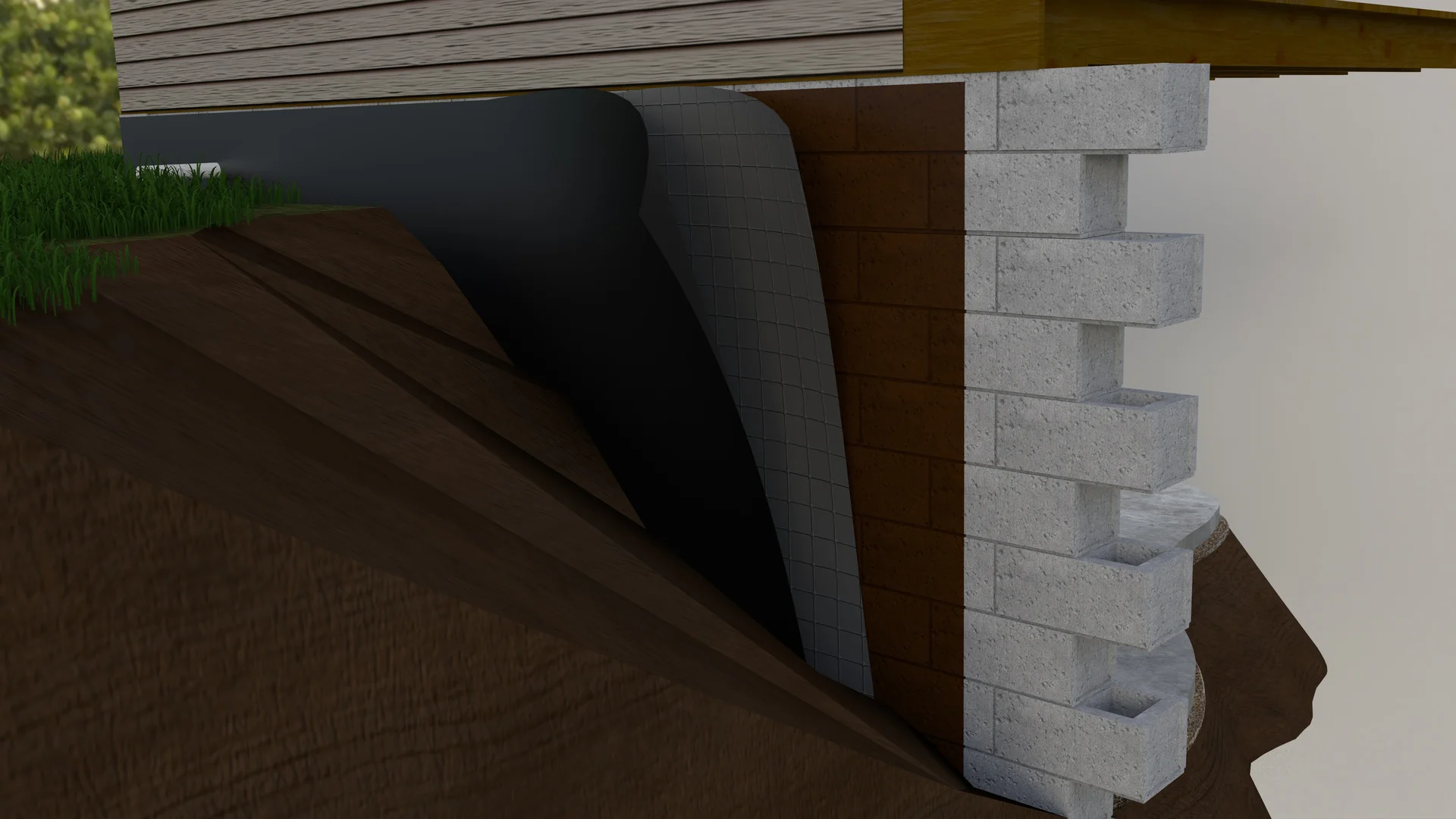 Exterior waterproofing membrane and drainage board on a block wall