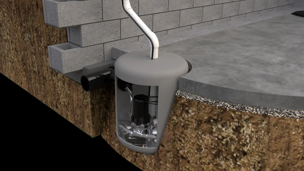Cutaway of a sump basin with pump, interior drain tile and gravel bed