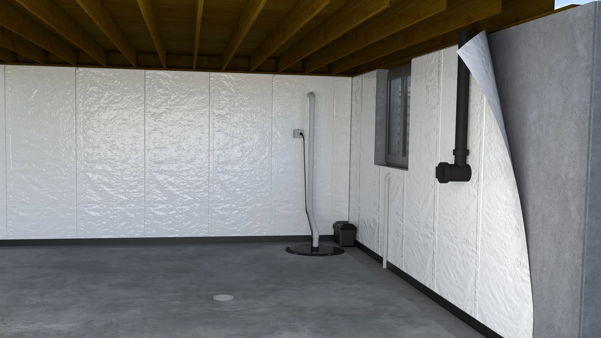 Finished basement with white wall vapor barrier, sump and dehumidifier