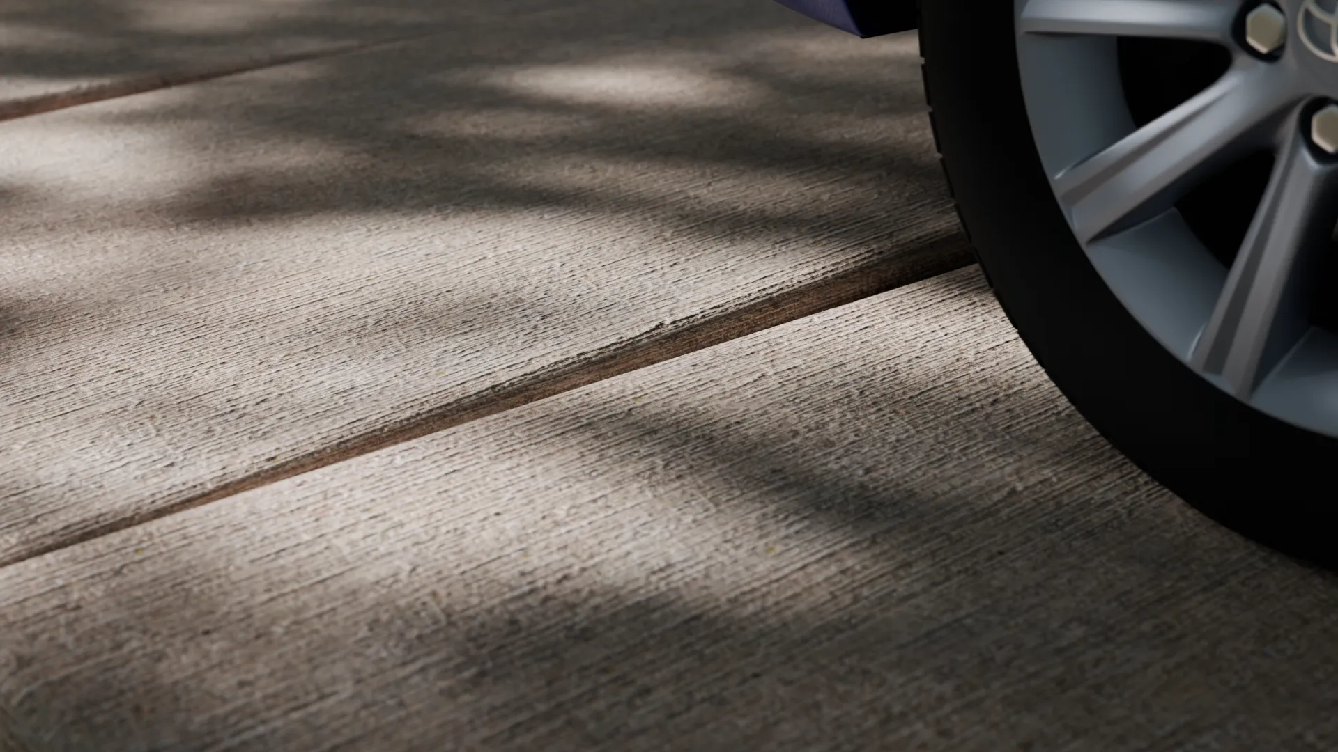 Uneven driveway slab joint car tire, 3D render by Signature Media