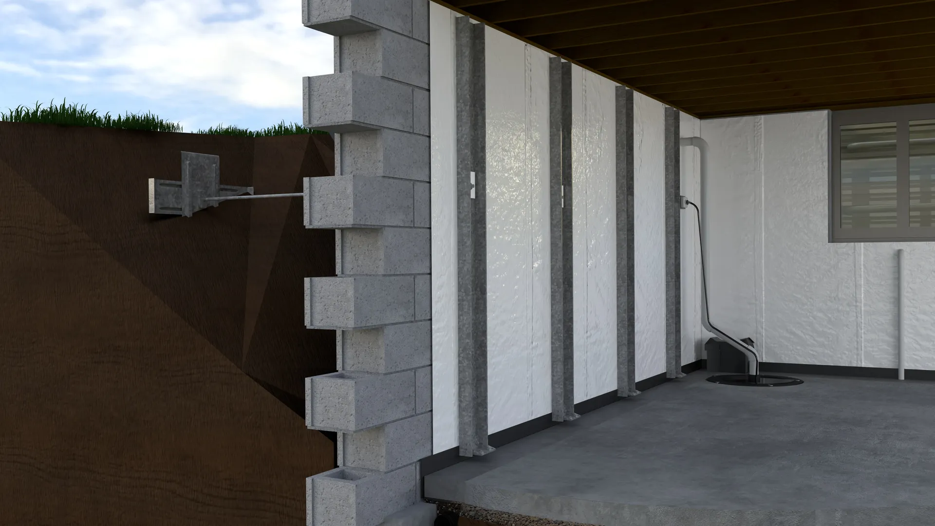 C channel wall anchors basement, cutaway, 3D render by Signature Media