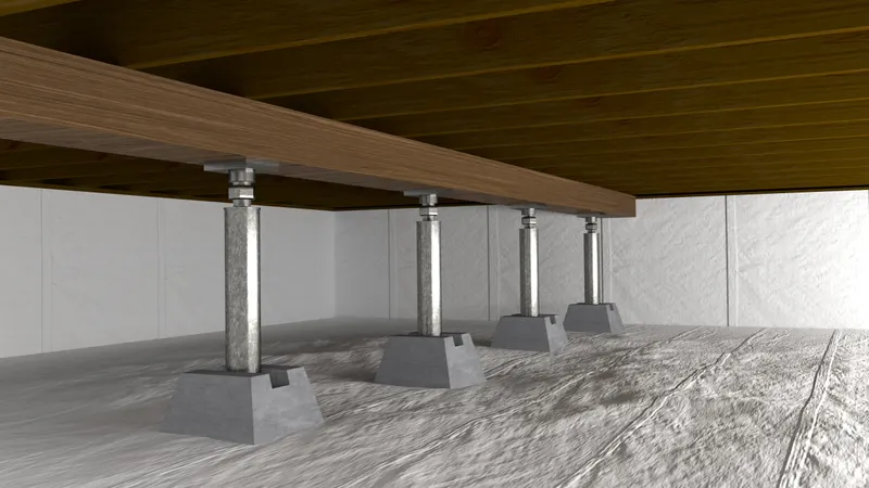 Encapsulated crawl space support jacks, 3D render by Signature Media