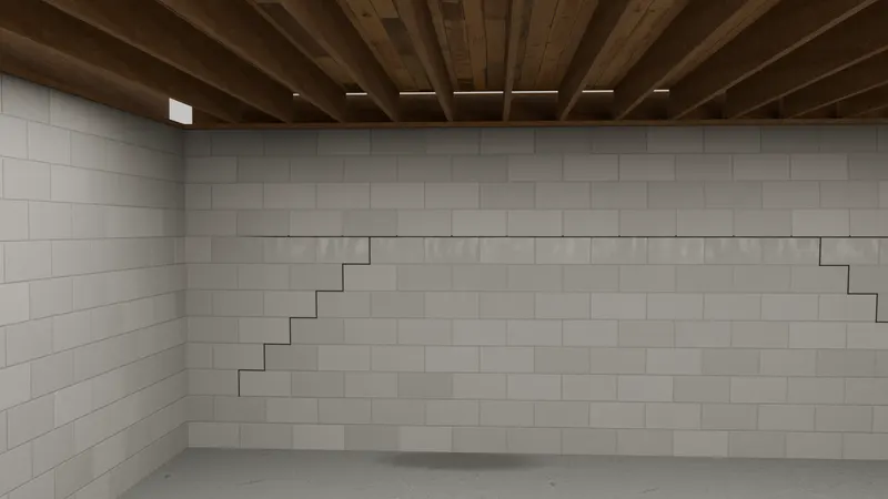 Horizontal crack stair step foundation wall, 3D render by Signature Media