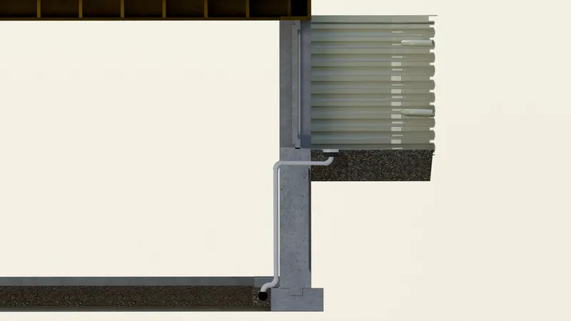 Section view of a window well and buried downspout line draining away from the foundation