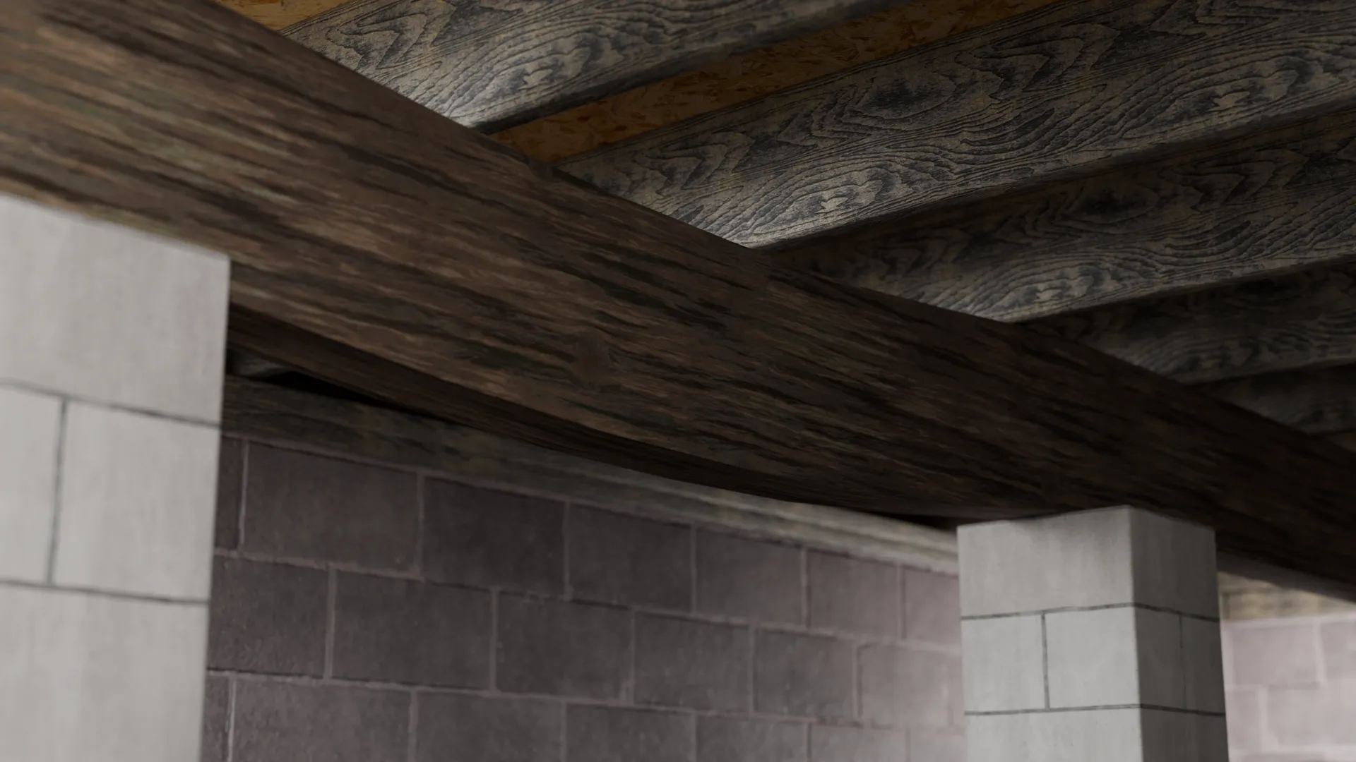 Sagging support beam crawl space, 3D render by Signature Media