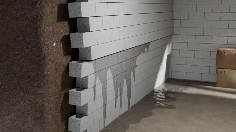 Water leaking through block basement wall, 3D render by Signature Media