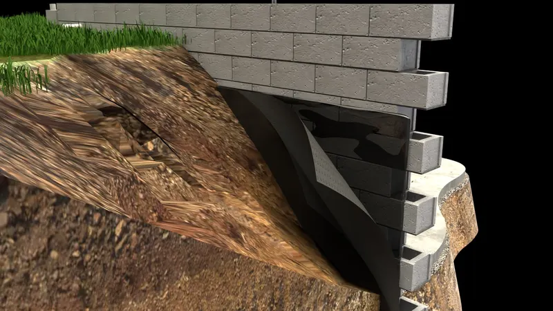 Exterior foundation barrier block wall, cutaway, 3D render by Signature Media