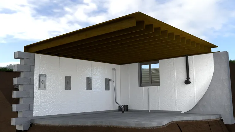 Finished basement wall anchors, cutaway, 3D render by Signature Media