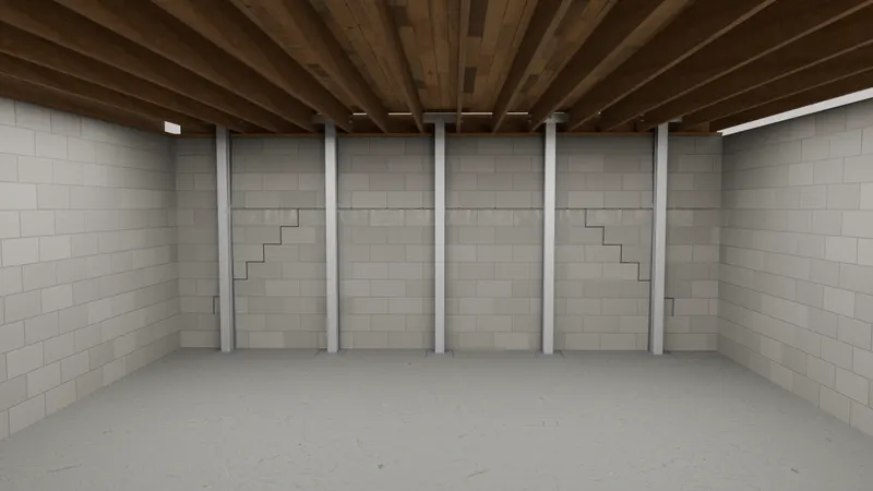 Bowing wall repair steel bracing stair step crack, 3D render by Signature Media