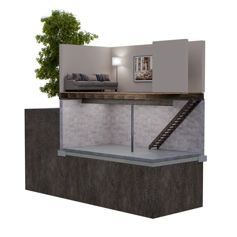 Basement under living room, cutaway, 3D render by Signature Media