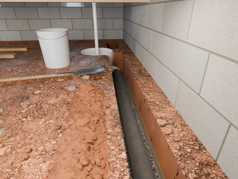 Interior drainage system drain tile sump pump, 3D render by Signature Media