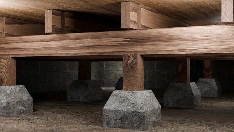 Post pier foundation support crawl space, 3D render by Signature Media