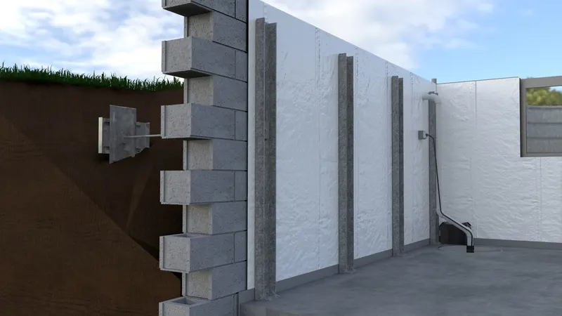 C channel wall braces with anchors basement, cutaway, 3D render by Signature Media