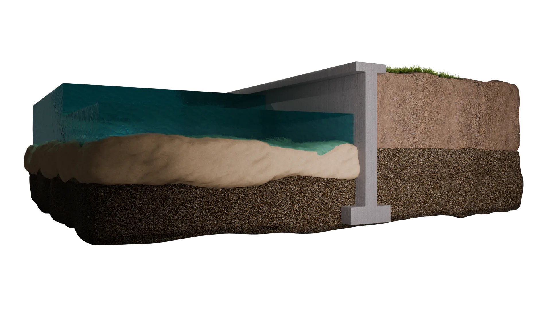 Seawall cutaway cross section, 3D render by Signature Media