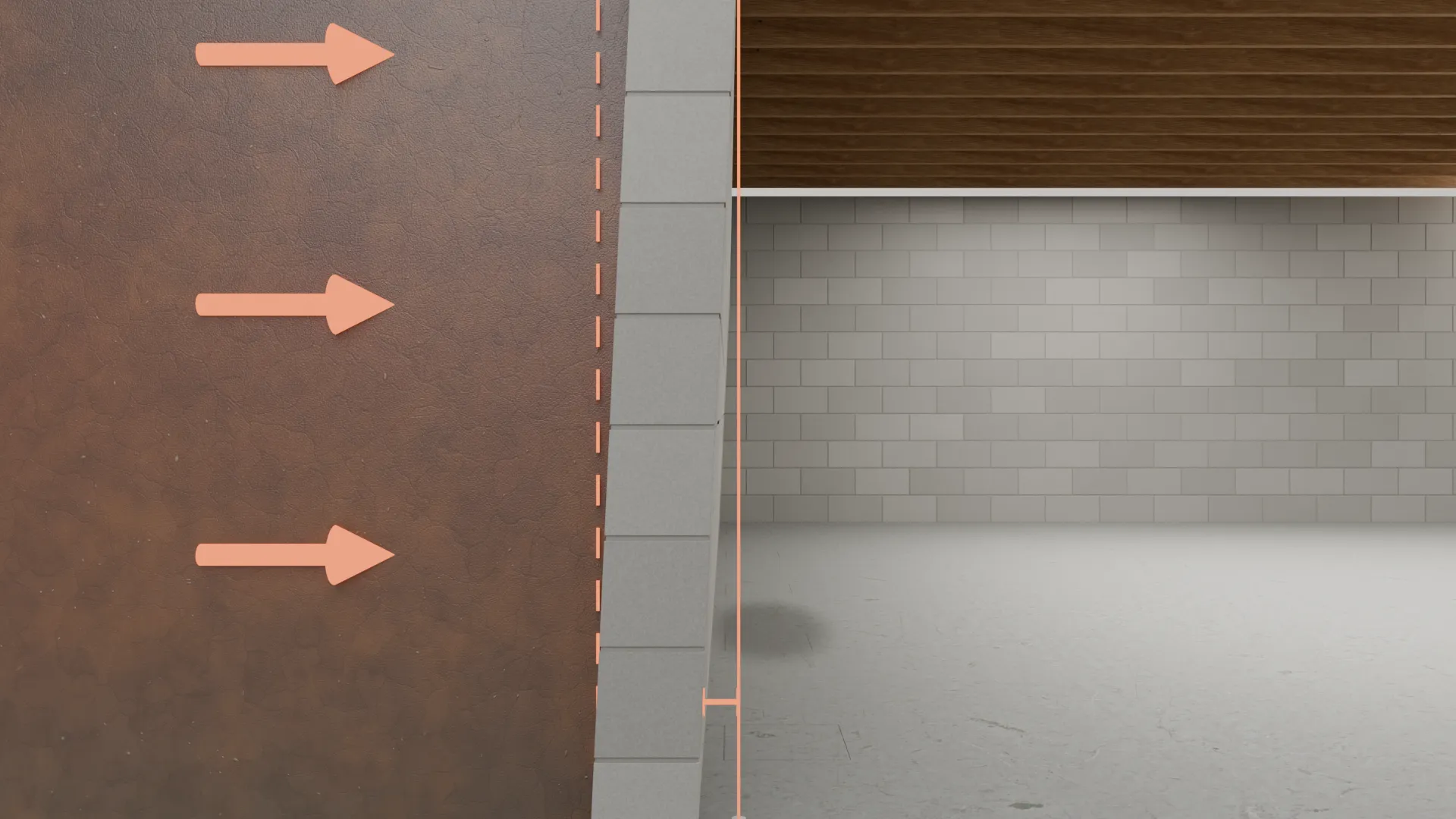 Bowing wall hydrostatic pressure steel I-beam, 3D render by Signature Media