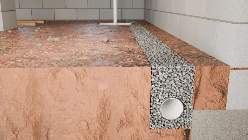 Interior drainage system drain tile sump basin, 3D render by Signature Media