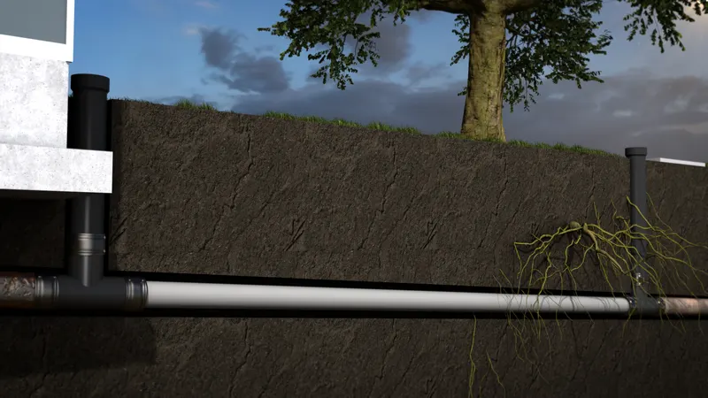 The finished, relined pipe under the lawn with no trench dug