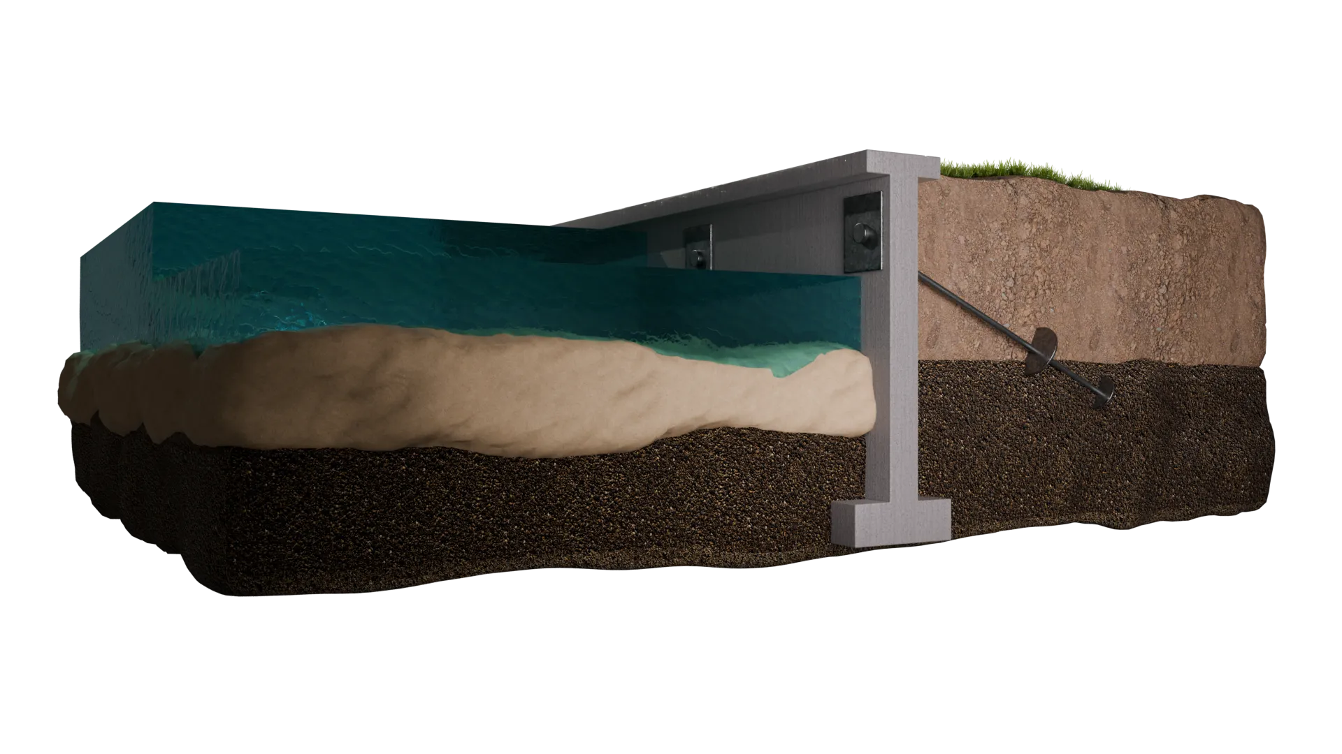 Seawall helical anchor cross section, 3D render by Signature Media