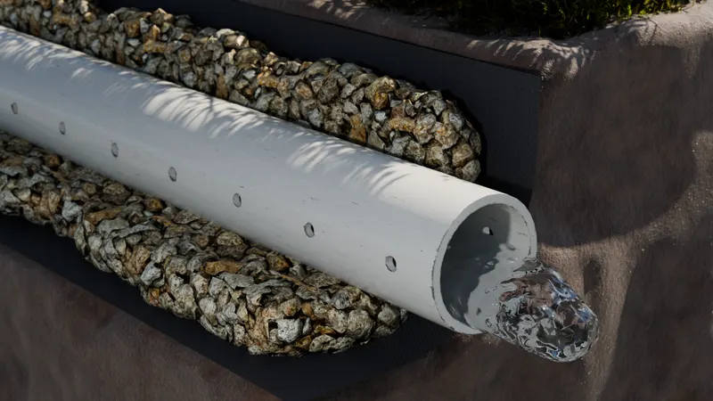 French drain trench, cutaway, 3D render by Signature Media