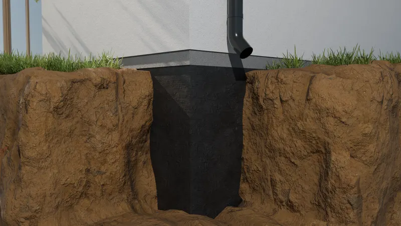 Exterior foundation waterproofing membrane corner, 3D render by Signature Media