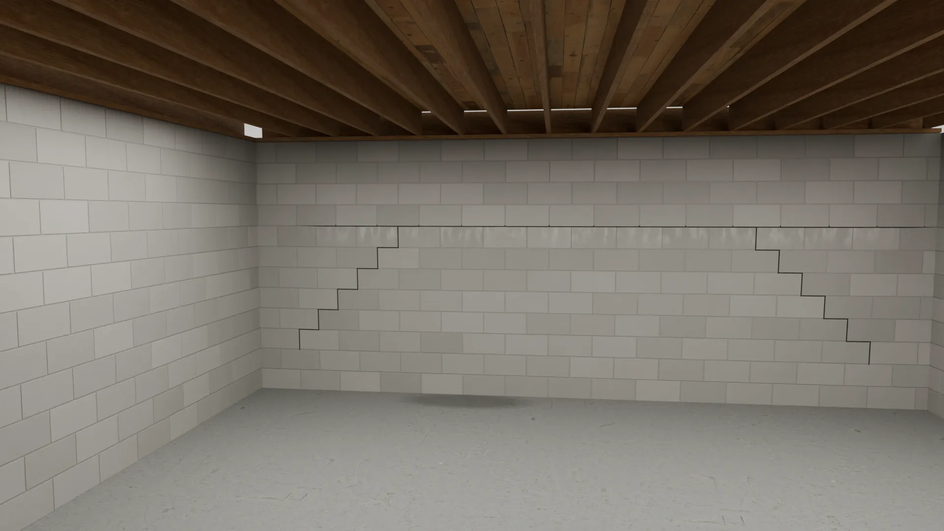 Stair step crack horizontal foundation wall, 3D render by Signature Media