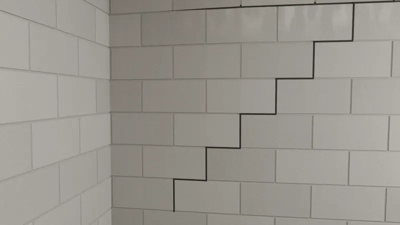 Stair step crack block wall foundation, 3D render by Signature Media