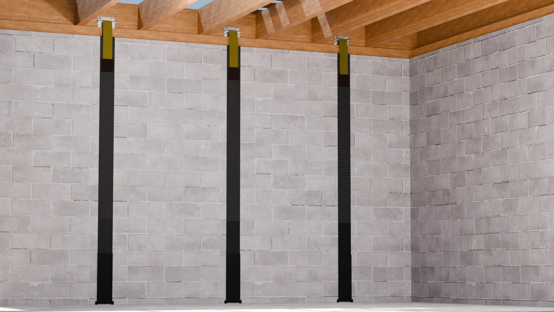 Carbon fiber straps basement block wall, 3D render by Signature Media