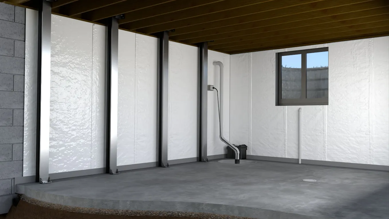 I-beam wall supports finished basement, 3D render by Signature Media