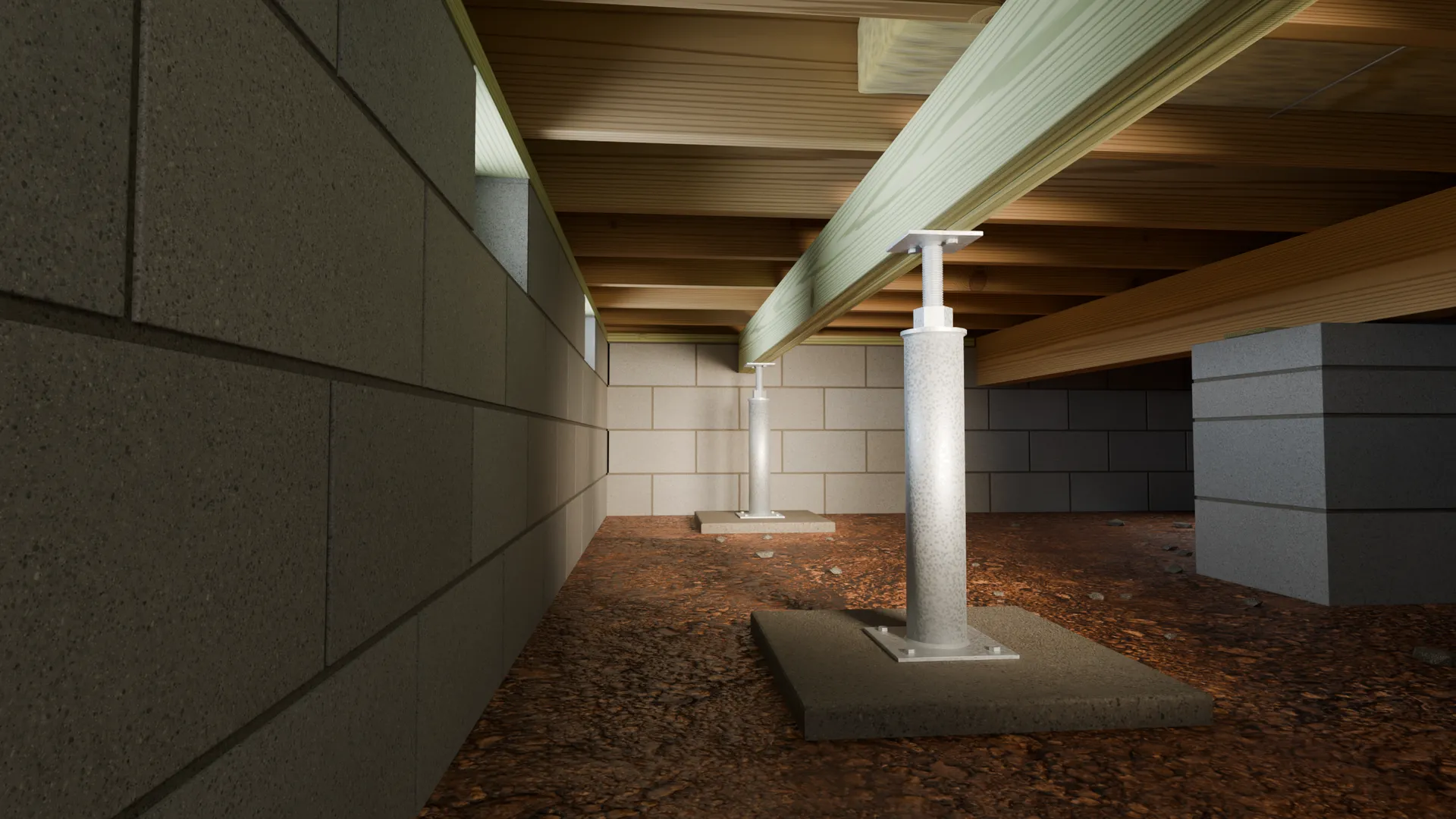Supplemental beam steel support posts, 3D render by Signature Media