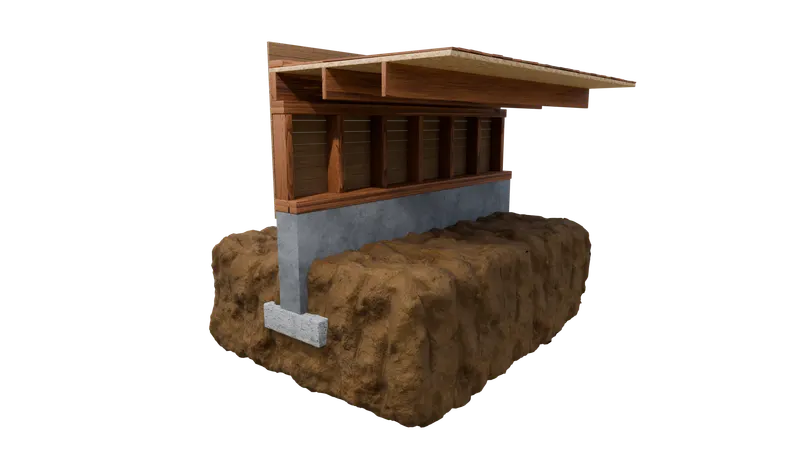 Cripple wall foundation, cutaway, 3D render by Signature Media