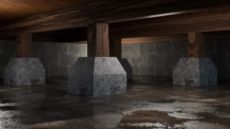Wet crawl space standing water piers, 3D render by Signature Media