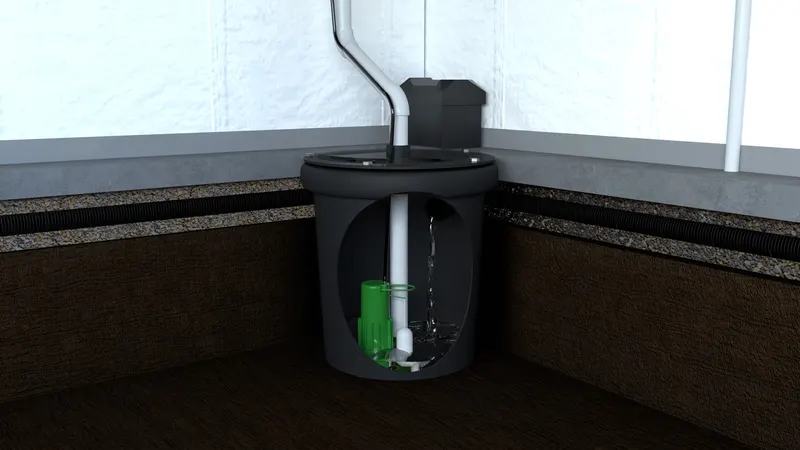 Basement sump pump basin corner, 3D render by Signature Media